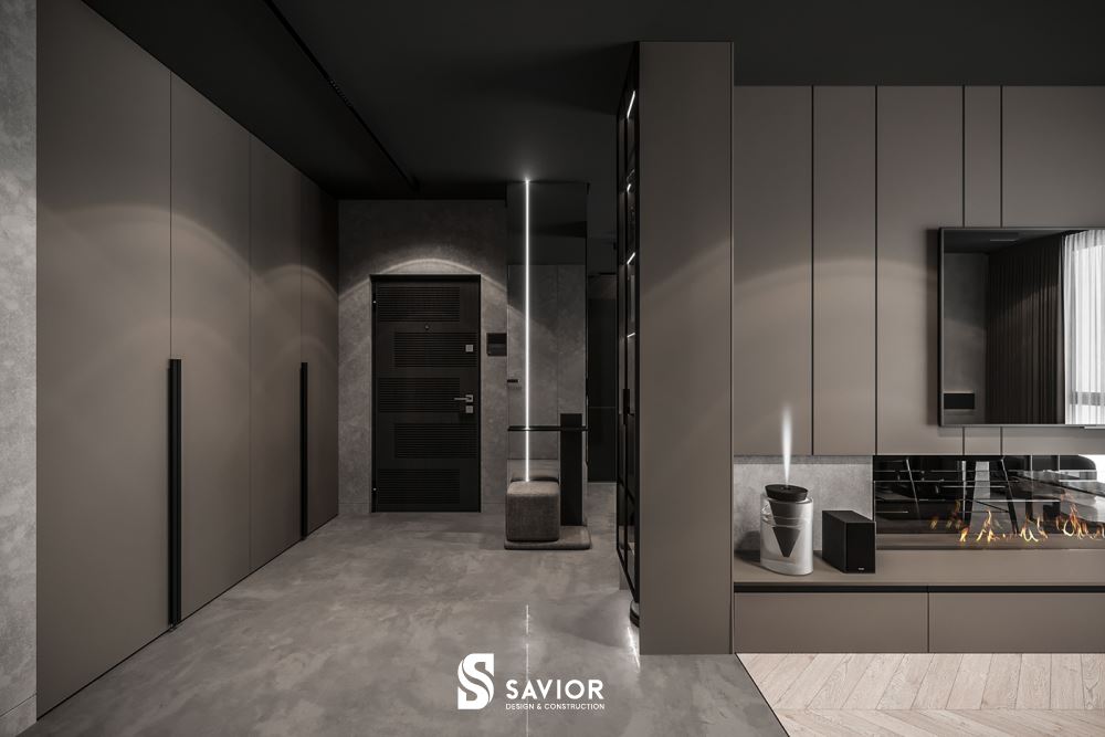 Chất liệu chính sử dụng trong không gian phòng khách hiện đại là gỗ công nghiệp phủ acrylic