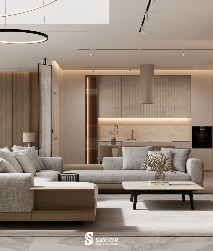 Tông màu kem be ngọt ngào, thanh lịch được sử dụng làm chủ đạo cho không gian phòng khách