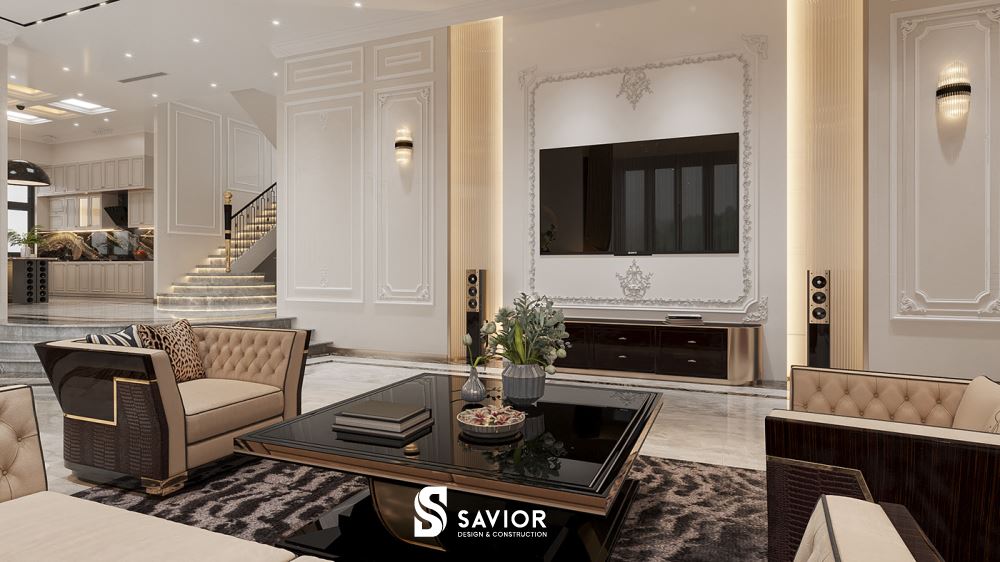 Top ý tưởng thiết kế phòng khách tân cổ điển nhà ống siêu sang trọng 5 Bố trí không gian phòng khách tân cổ điển cân đối, hài hòa