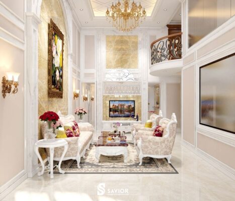 Mẫu nội thất phòng khách tân cổ điển nhà ống