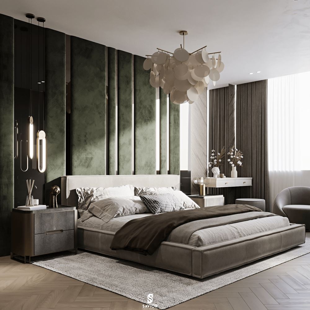 Mẫu thi công nội thất phòng ngủ hiện đại với điểm nhấn là bức tường xanh