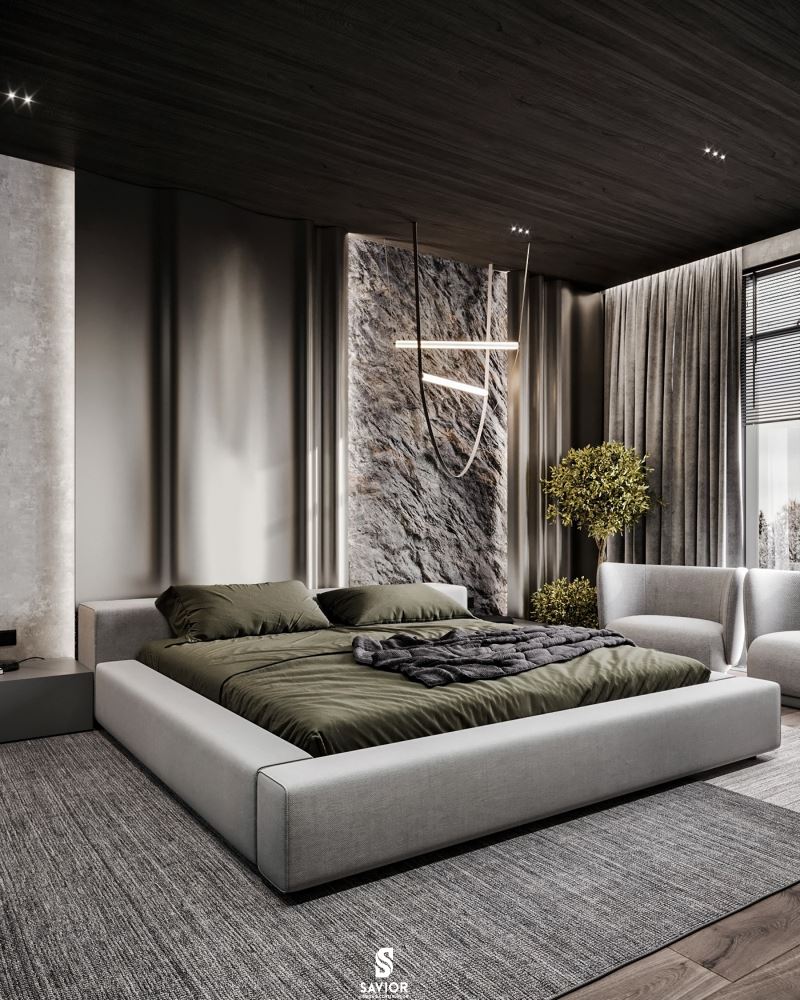 Sự kết hợp của nhiều vật liệu nội thất giúp không gian phòng thêm độc đáo