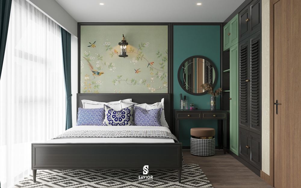 Nhà phong cách Indochine là gì? Mẫu nhà phong cách Đông Dương đẹp 8 Phòng ngủ phong cách Indochine gây ấn tượng với họa tiết hình chữ nhật cùng tranh trang trí nổi bật