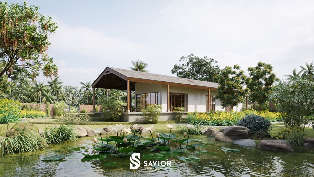 Nhà vườn được thiết kế thêm hồ sen, mang lại không gian thư giãn, hòa mình vào thiên nhiên