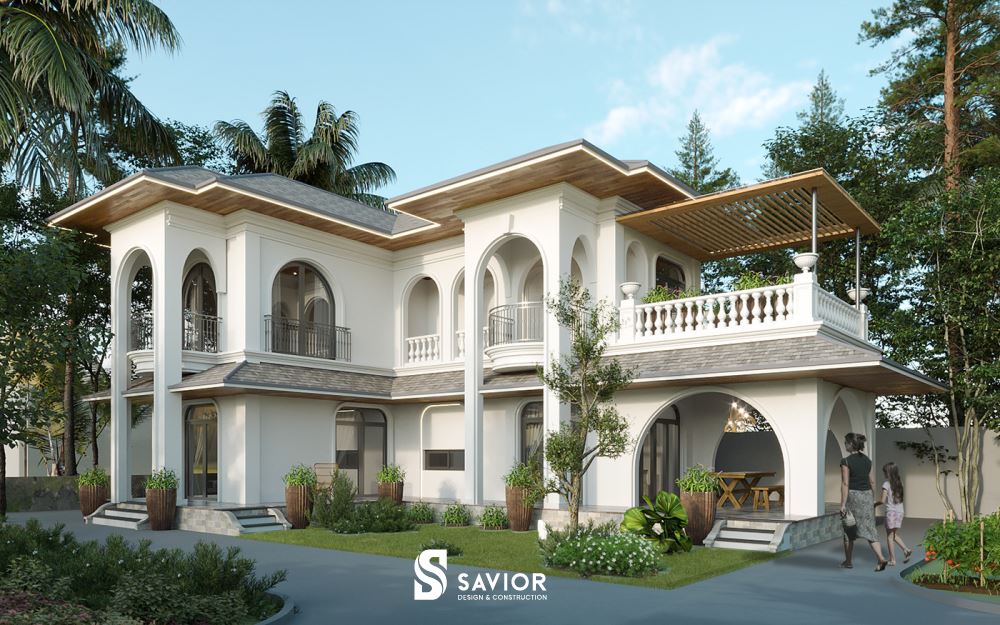 Nhà vườn 2 tầng mái thái kiểu dáng chữ L phù hợp với những mặt bằng diện tích rộng