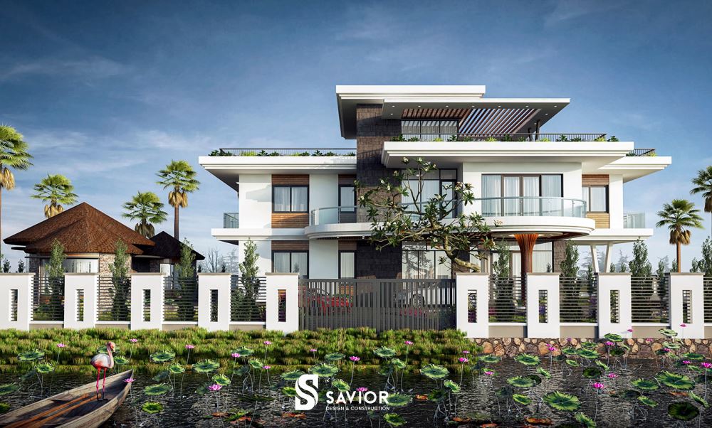 Mẫu nhà vườn mái bằng với ao sen