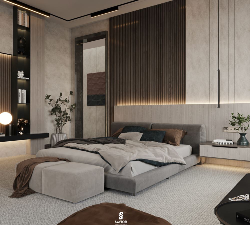 Một mẫu nội thất phòng ngủ biệt thự với tone xám - nâu kết hợp