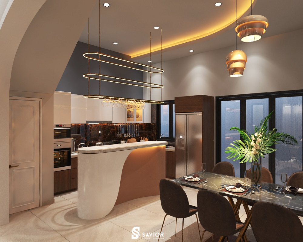 Tủ bếp mang màu sắc tươi sáng góp phần tạo nên phòng bếp biệt thự ấm cúng