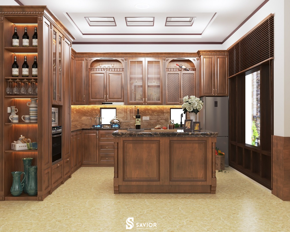 Mẫu tủ bằng gỗ mang đến không gian phòng bếp biệt thự đẹp sang miễn bàn
