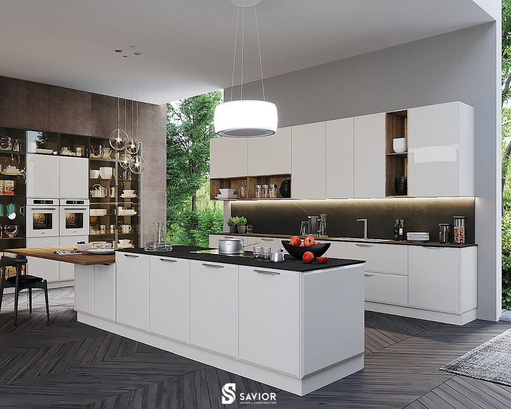 Tủ gỗ MDF góp phần làm nên nét đẹp của phòng bếp biệt thự