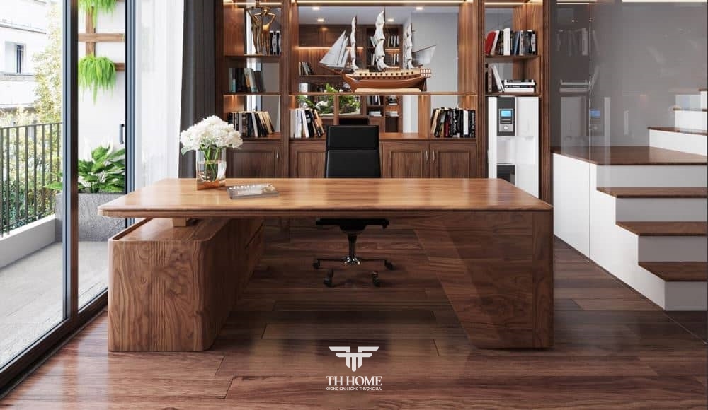 Top mẫu bàn làm việc gỗ óc chó hiện đại, ấn tượng 2024 15 Mẫu bàn làm việc đặt tại không gian chung