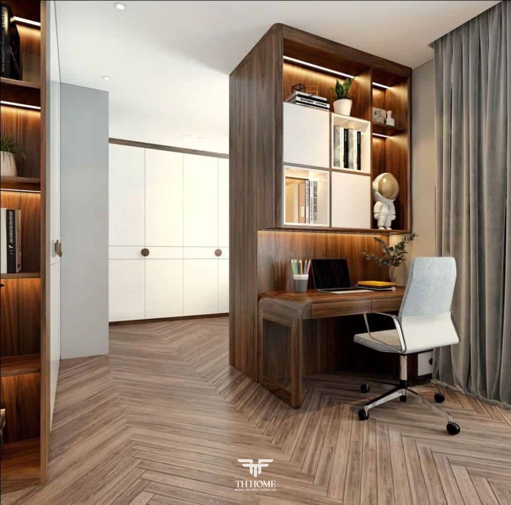 Top mẫu bàn làm việc gỗ óc chó hiện đại, ấn tượng 2024 22 Bàn làm việc nhỏ gọn, kết hợp hộc tủ để đồ