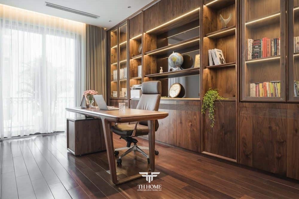 Top mẫu bàn làm việc gỗ óc chó hiện đại, ấn tượng 2024 7 Bàn làm việc thiết kế hiện đại, thanh thoát, phù hợp cho không gian làm việc nhỏ