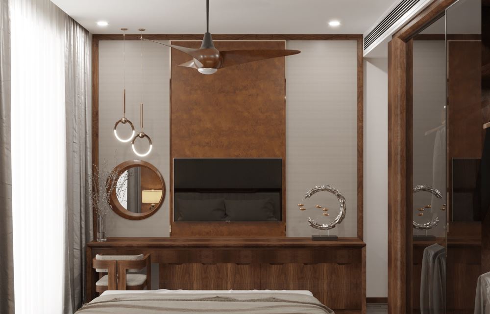 30+ Mẫu bàn trang điểm gỗ óc chó hiện đại cập nhật mới nhất 2024 4 Bàn trang điểm nhỏ gọn, sát tường tối ưu không gian