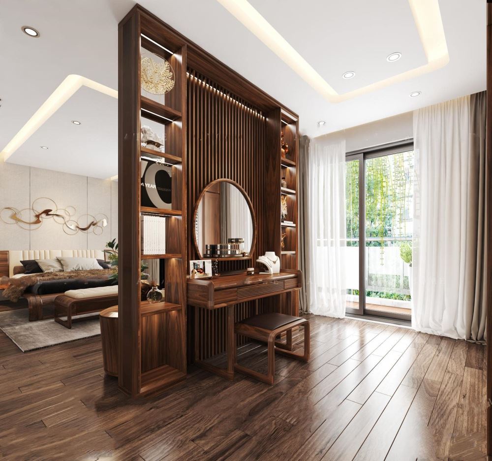 30+ Mẫu bàn trang điểm gỗ óc chó hiện đại cập nhật mới nhất 2024 32 Không gian phòng ngủ sang trọng với bàn trang điểm óc chó