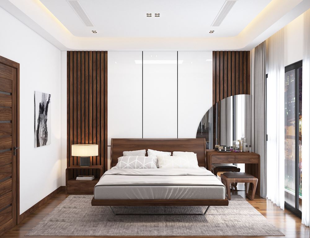 30+ Mẫu bàn trang điểm gỗ óc chó hiện đại cập nhật mới nhất 2024 7 Mẫu bàn trang điểm gỗ óc chó với chiếc gương soi cách điệu