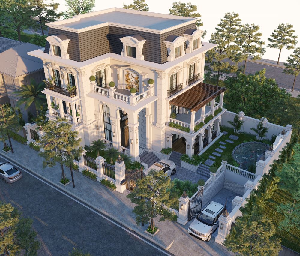 30+ Mẫu biệt thự tân cổ điển đẹp, sang trọng xu hướng 2025 18 Tổng quan toàn bộ kiến trúc thiết kế biệt thự tân cổ điển kiểu Pháp