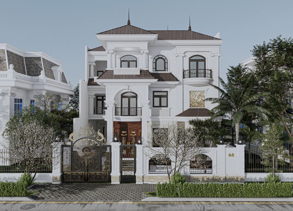 30+ Mẫu biệt thự tân cổ điển đẹp, sang trọng xu hướng 2025 8 Mẫu kiến trúc biệt thự tân cổ điển mái Nhật với độ dốc thoải nhẹ nhàng