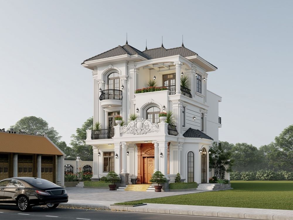 30+ Mẫu biệt thự tân cổ điển đẹp, sang trọng xu hướng 2025 4 Biệt thự tân cổ điển đặc trưng với lối thiết kế cân đối, đối xứng nhau