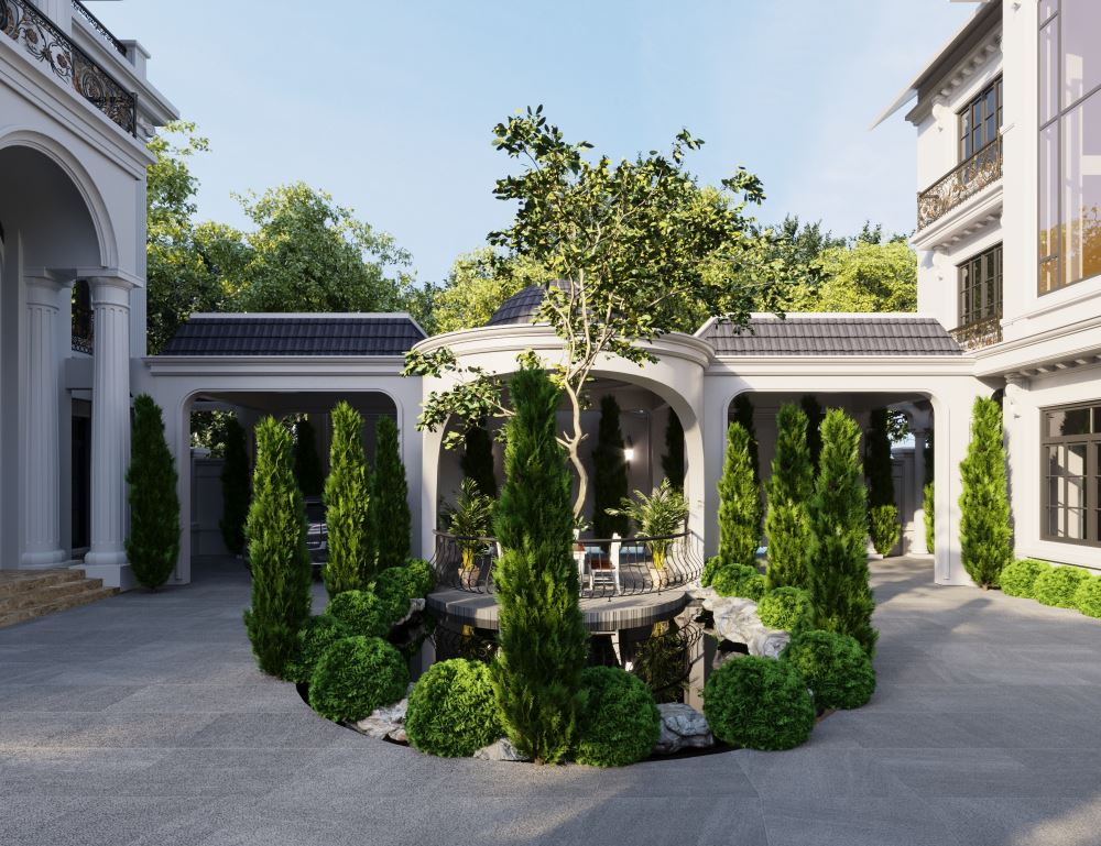 30+ Mẫu biệt thự tân cổ điển đẹp, sang trọng xu hướng 2025 14 Bố trí sân vườn hài hòa, cân đối trong tổng thể biệt thự